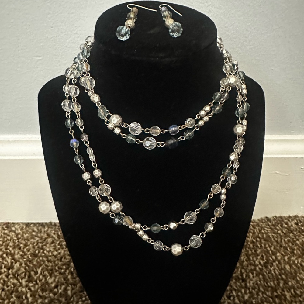 Elegant Silver and Blue Beaded Necklace and Earring Set
